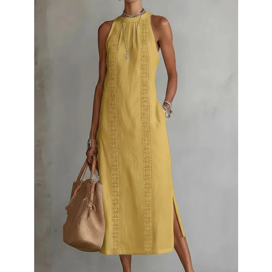 Full Size Sleeveless Lace Trim Midi Dress Plus Size Yellow / S Apparel and Accessories