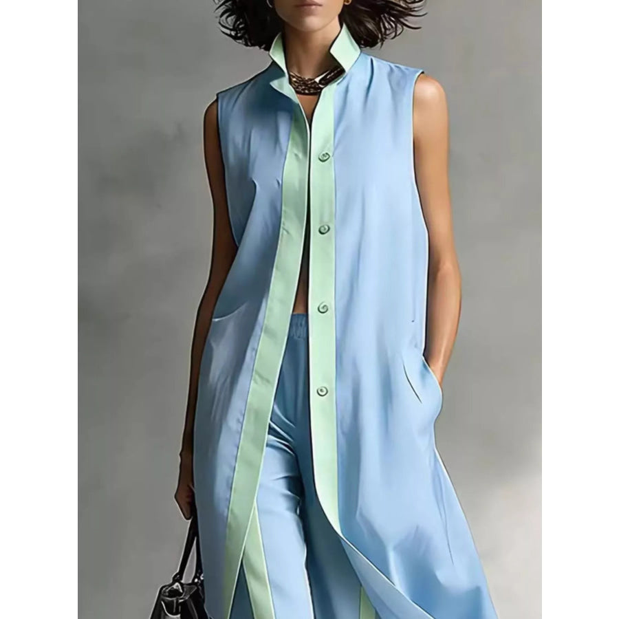 Full Size Sleeveless Longline Vest and Wide‑Leg Pants Set Plus Size Apparel and Accessories