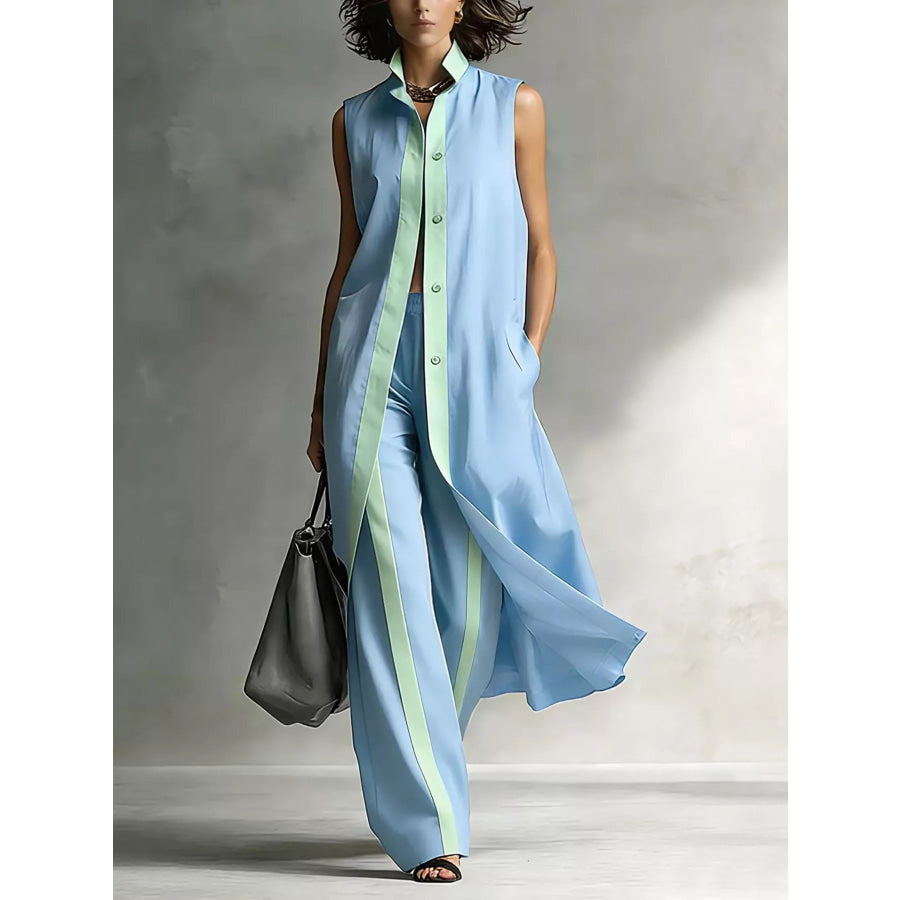 Full Size Sleeveless Longline Vest and Wide‑Leg Pants Set Plus Size Sky Blue / S Apparel and Accessories