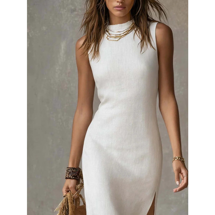 Full Size Sleeveless Mock Neck Slit Midi Dress Plus Size Apparel and Accessories
