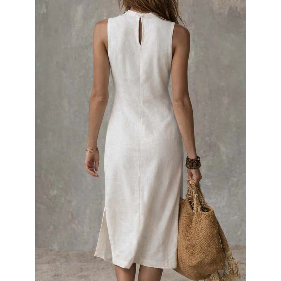 Full Size Sleeveless Mock Neck Slit Midi Dress Plus Size Apparel and Accessories
