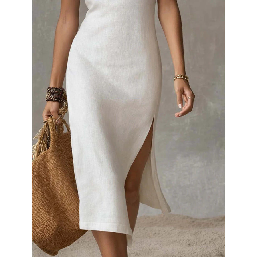 Full Size Sleeveless Mock Neck Slit Midi Dress Plus Size Apparel and Accessories