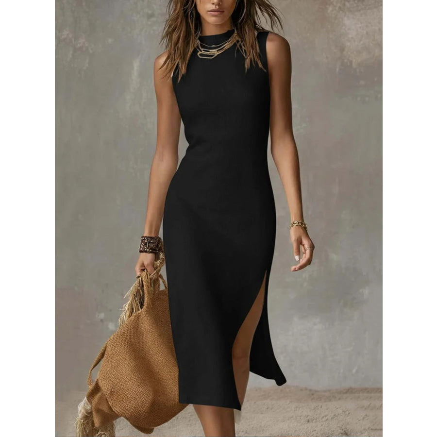 Full Size Sleeveless Mock Neck Slit Midi Dress Plus Size Black / S Apparel and Accessories