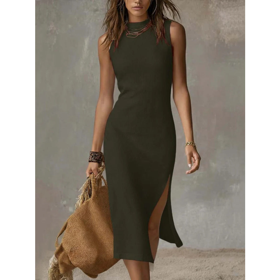 Full Size Sleeveless Mock Neck Slit Midi Dress Plus Size Sage / S Apparel and Accessories