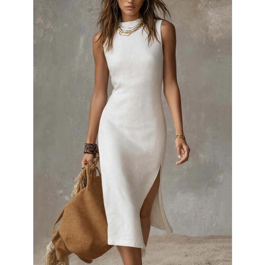 Full Size Sleeveless Mock Neck Slit Midi Dress Plus Size White / S Apparel and Accessories