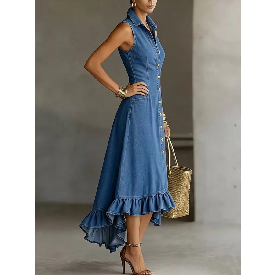 Full Size Sleeveless Ruffled Hem Denim Dress Plus Size Apparel and Accessories