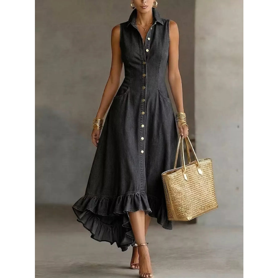 Full Size Sleeveless Ruffled Hem Denim Dress Plus Size Black / S Apparel and Accessories