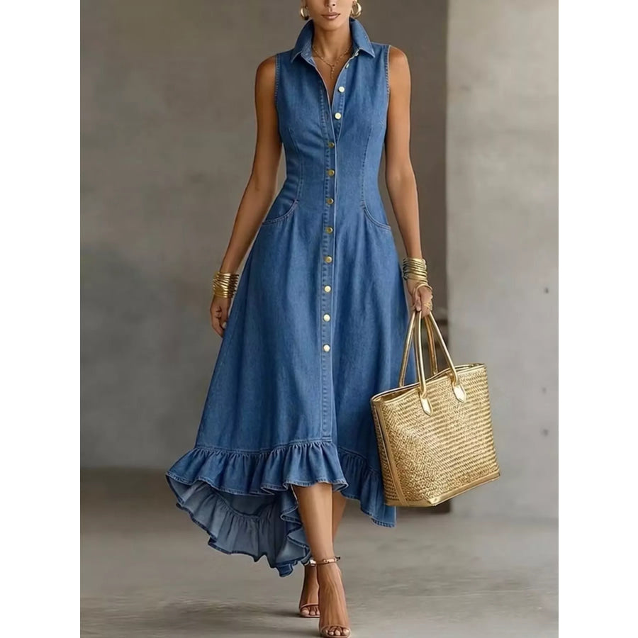 Full Size Sleeveless Ruffled Hem Denim Dress Plus Size Blue / S Apparel and Accessories