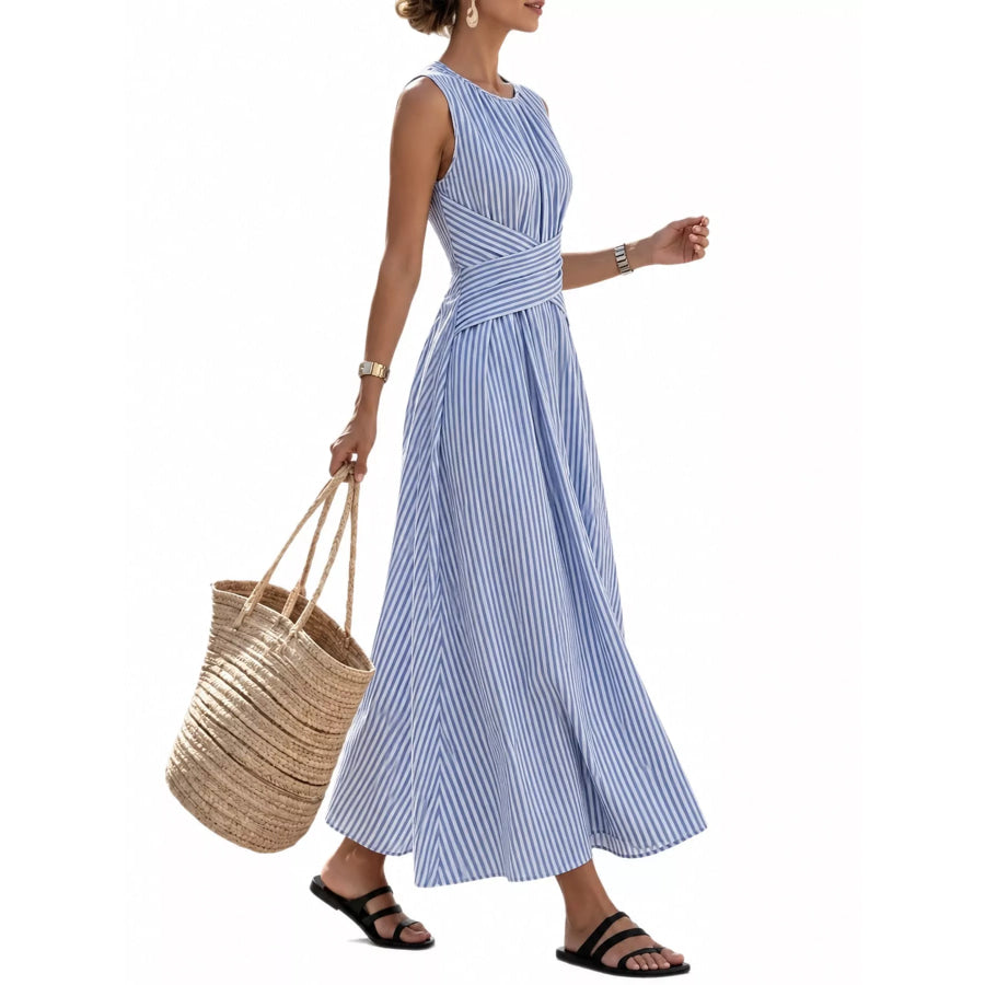 Full Size Sleeveless Striped Maxi Dress with Criss-Cross Waist Detail Plus Apparel and Accessories