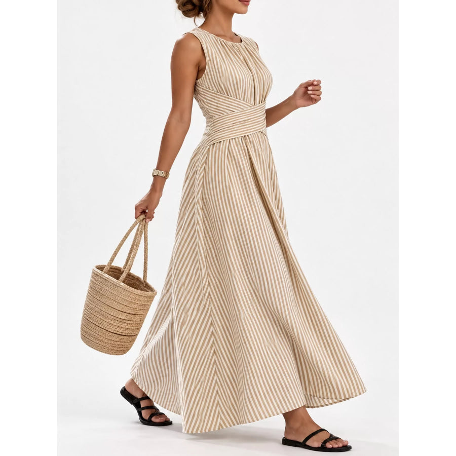 Full Size Sleeveless Striped Maxi Dress with Criss-Cross Waist Detail Plus Apparel and Accessories