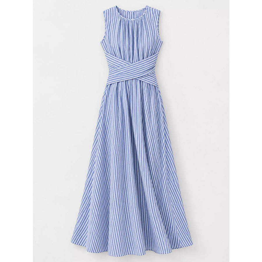 Full Size Sleeveless Striped Maxi Dress with Criss-Cross Waist Detail Plus Apparel and Accessories