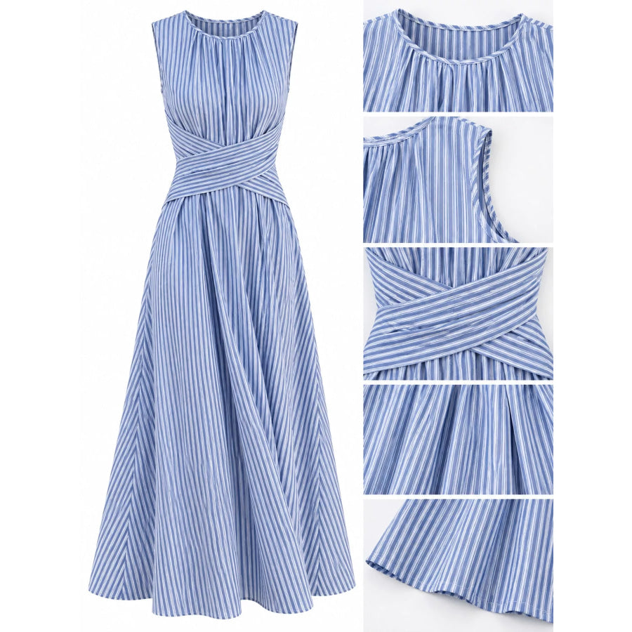 Full Size Sleeveless Striped Maxi Dress with Criss-Cross Waist Detail Plus Apparel and Accessories