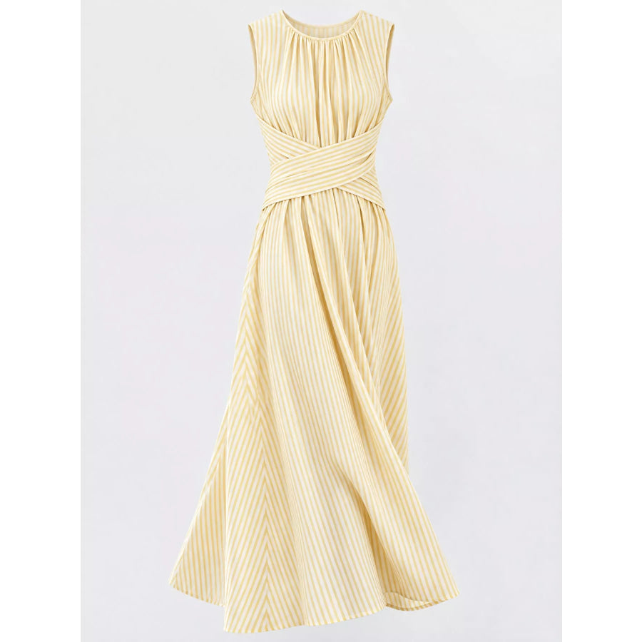 Full Size Sleeveless Striped Maxi Dress with Criss-Cross Waist Detail Plus Apparel and Accessories