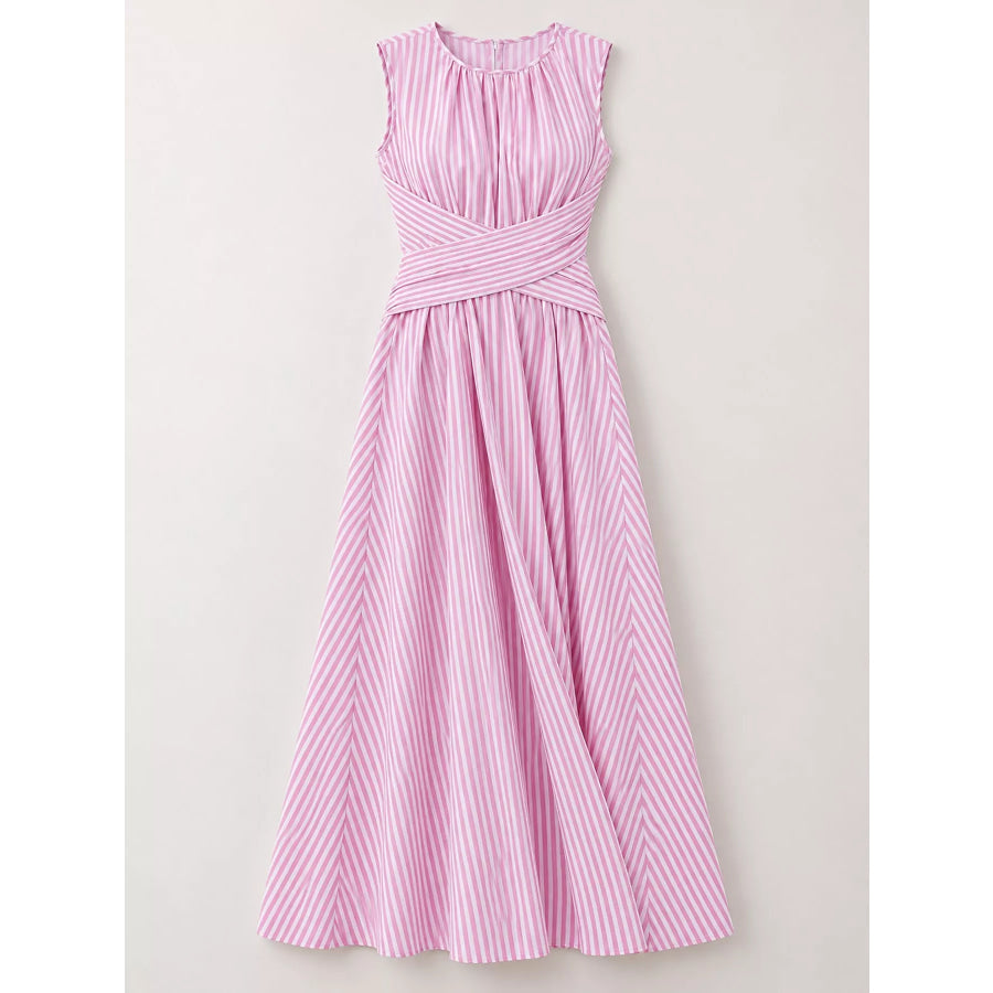 Full Size Sleeveless Striped Maxi Dress with Criss-Cross Waist Detail Plus Apparel and Accessories