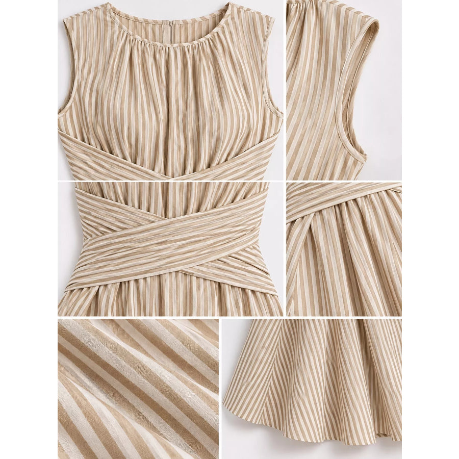 Full Size Sleeveless Striped Maxi Dress with Criss-Cross Waist Detail Plus Apparel and Accessories