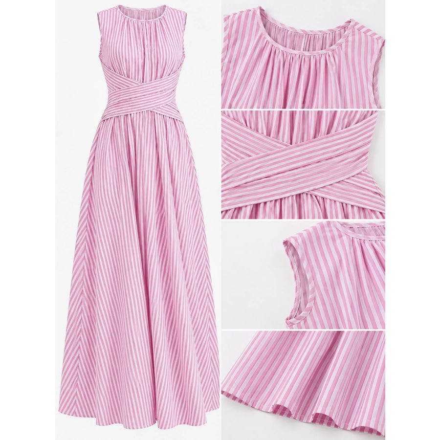 Full Size Sleeveless Striped Maxi Dress with Criss-Cross Waist Detail Plus Apparel and Accessories