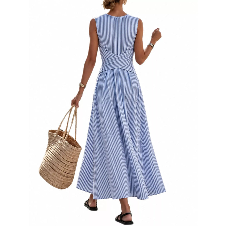 Full Size Sleeveless Striped Maxi Dress with Criss-Cross Waist Detail Plus Apparel and Accessories