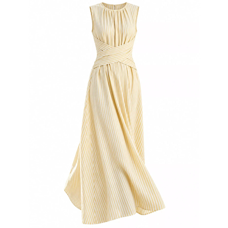 Full Size Sleeveless Striped Maxi Dress with Criss-Cross Waist Detail Plus Apparel and Accessories