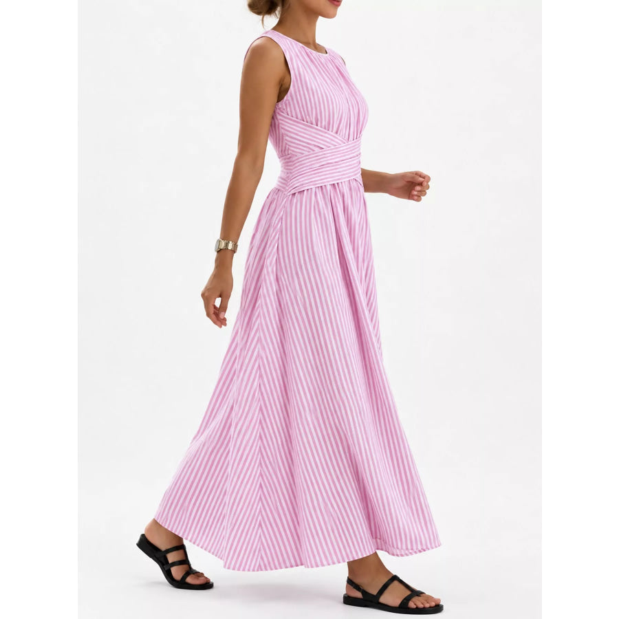 Full Size Sleeveless Striped Maxi Dress with Criss-Cross Waist Detail Plus Apparel and Accessories