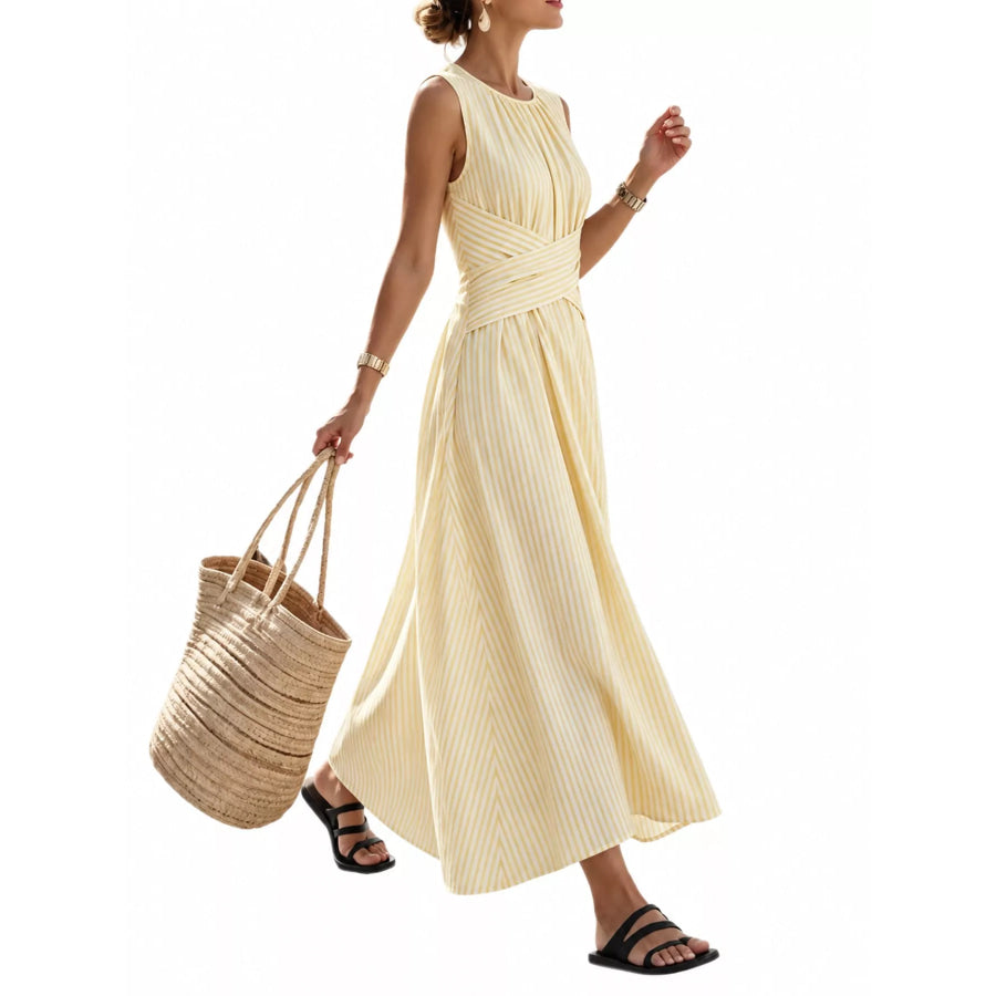 Full Size Sleeveless Striped Maxi Dress with Criss-Cross Waist Detail Plus Apparel and Accessories