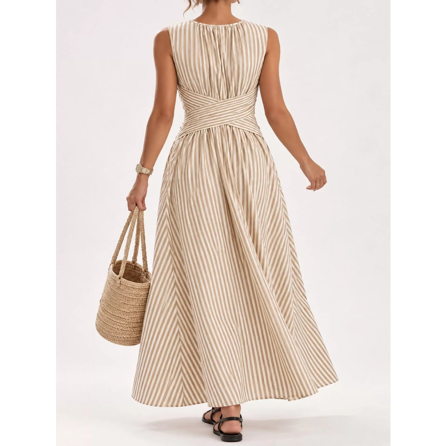 Full Size Sleeveless Striped Maxi Dress with Criss-Cross Waist Detail Plus Apparel and Accessories