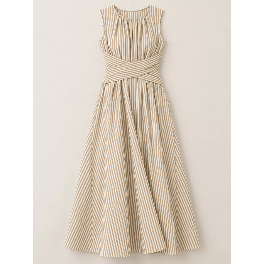 Full Size Sleeveless Striped Maxi Dress with Criss-Cross Waist Detail Plus Apparel and Accessories