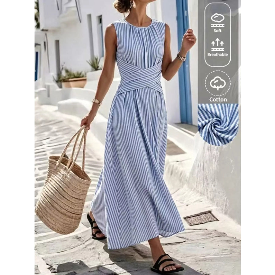 Full Size Sleeveless Striped Maxi Dress with Criss-Cross Waist Detail Plus Blue / S Apparel and Accessories