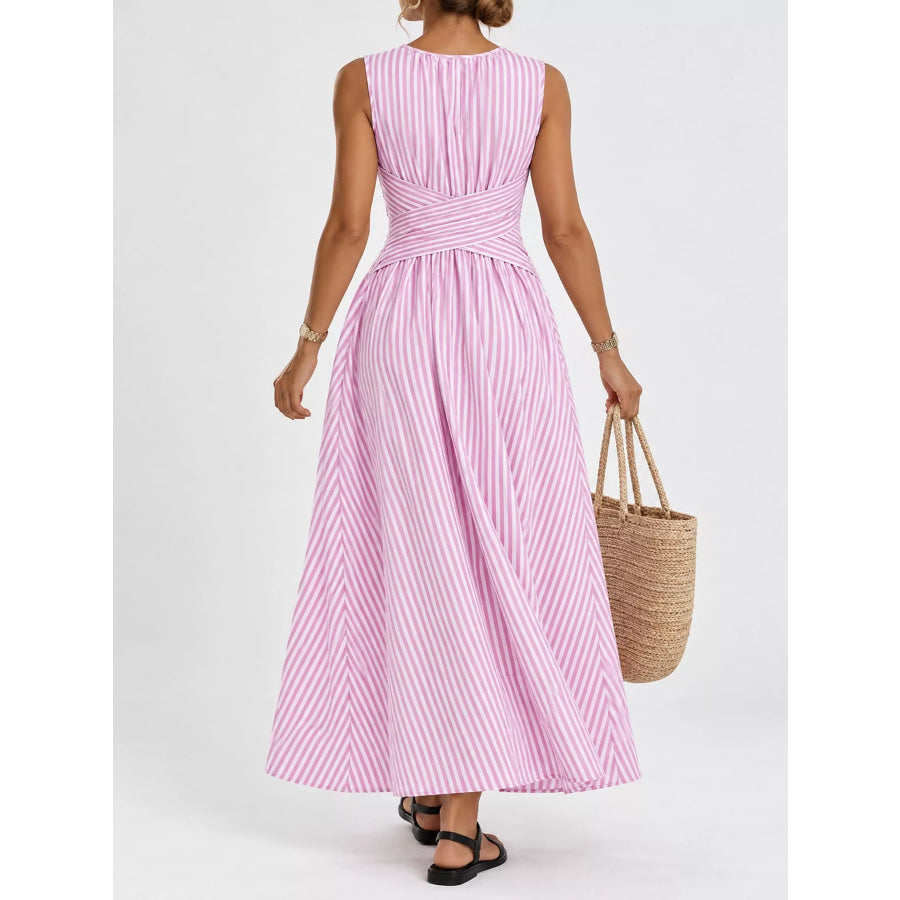 Full Size Sleeveless Striped Maxi Dress with Criss-Cross Waist Detail Plus Apparel and Accessories