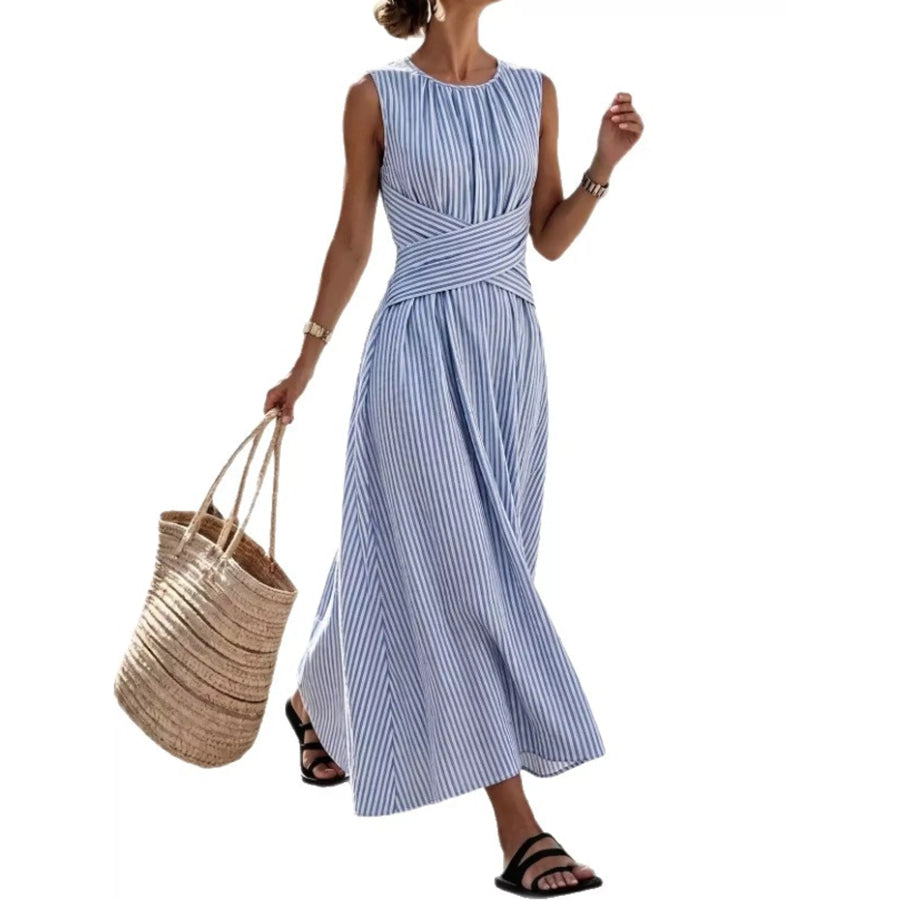 Full Size Sleeveless Striped Maxi Dress with Criss-Cross Waist Detail Plus Blue / S Apparel and Accessories