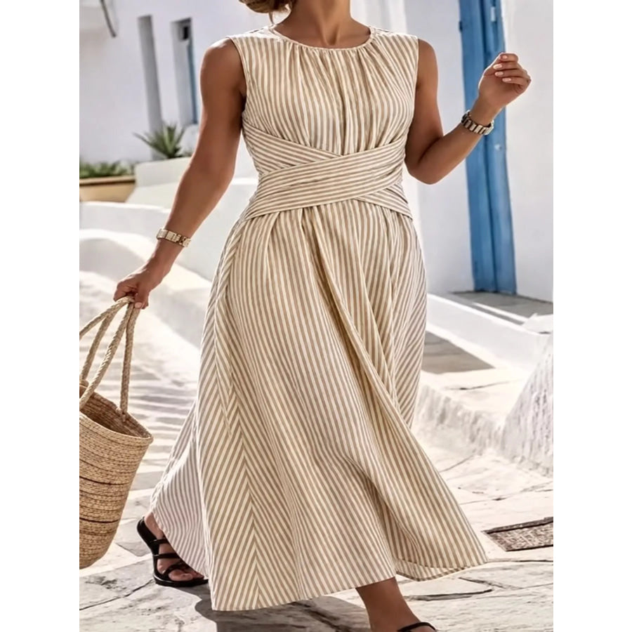 Full Size Sleeveless Striped Maxi Dress with Criss-Cross Waist Detail Plus Khaki / S Apparel and Accessories