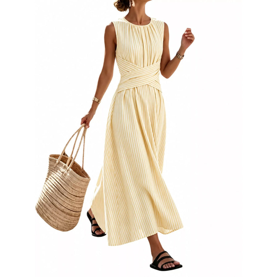 Full Size Sleeveless Striped Maxi Dress with Criss-Cross Waist Detail Plus Light Yellow / S Apparel and Accessories