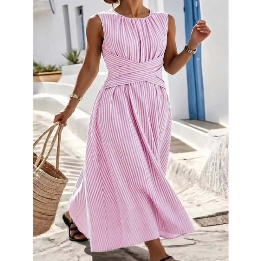 Full Size Sleeveless Striped Maxi Dress with Criss-Cross Waist Detail Plus Pink / S Apparel and Accessories