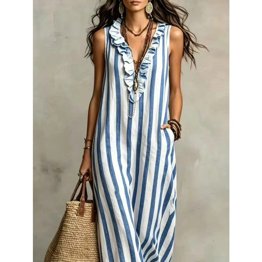 Full Size Sleeveless Striped Ruffle V-Neck Maxi Dress Plus Size Apparel and Accessories