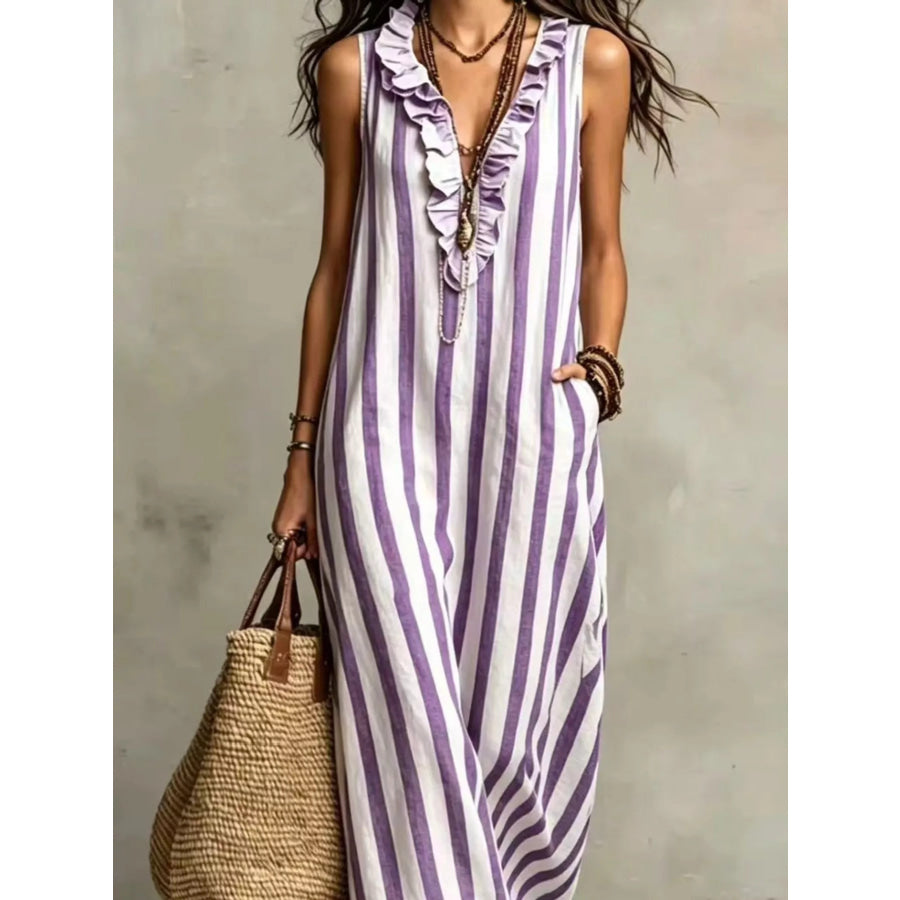 Full Size Sleeveless Striped Ruffle V-Neck Maxi Dress Plus Size Apparel and Accessories