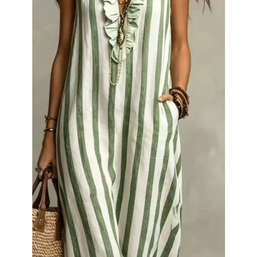 Full Size Sleeveless Striped Ruffle V-Neck Maxi Dress Plus Size Apparel and Accessories