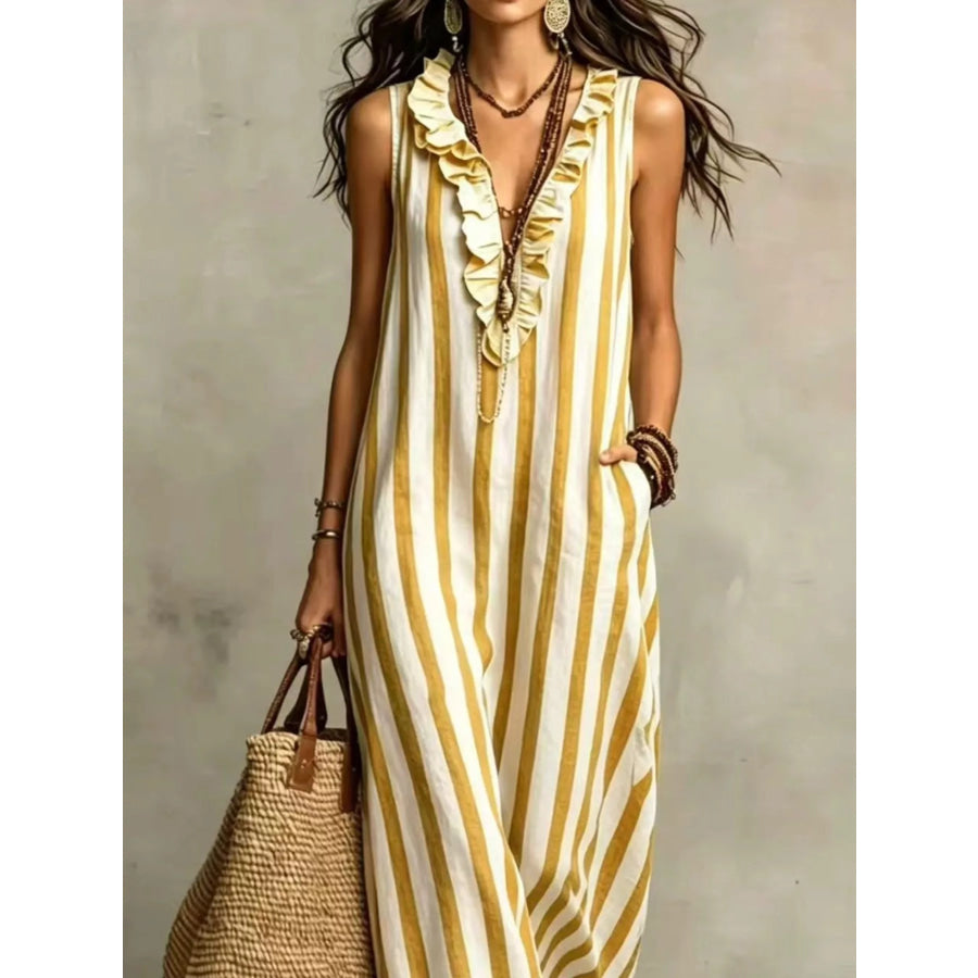 Full Size Sleeveless Striped Ruffle V-Neck Maxi Dress Plus Size Apparel and Accessories