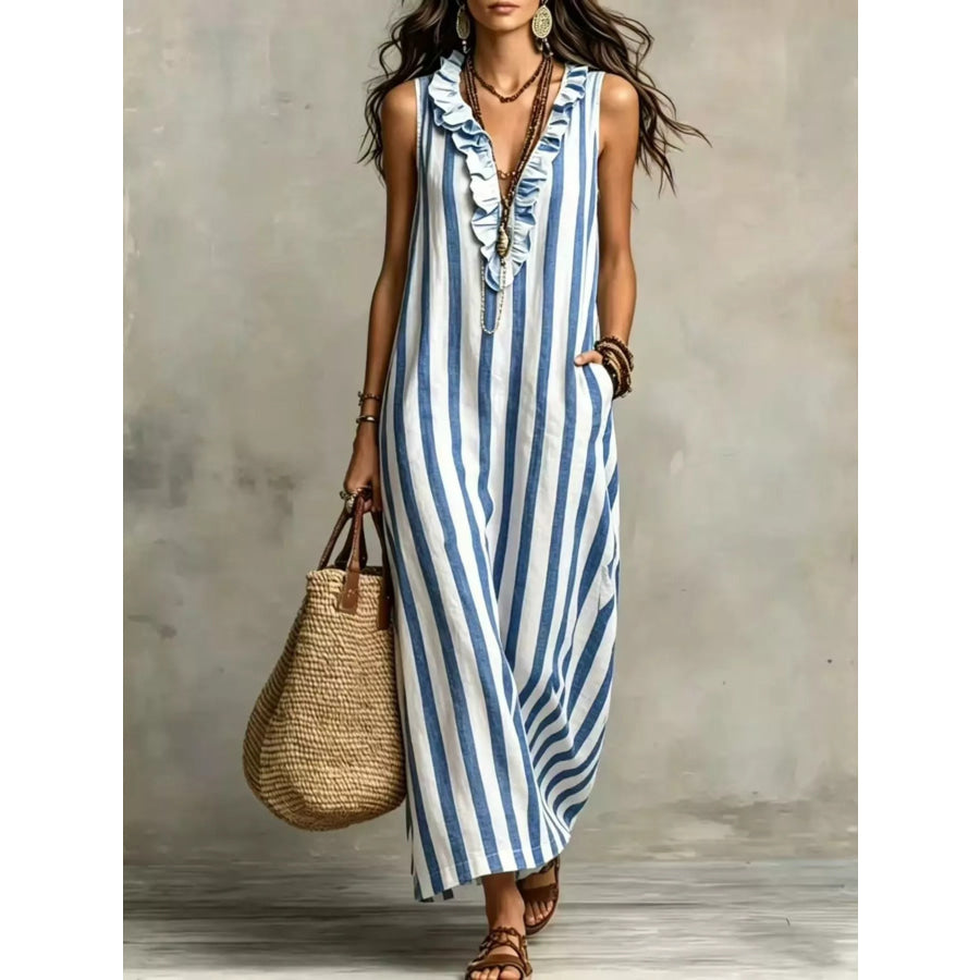 Full Size Sleeveless Striped Ruffle V-Neck Maxi Dress Plus Size Blue / S Apparel and Accessories