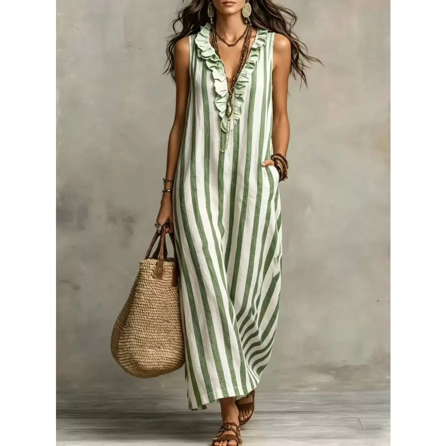 Full Size Sleeveless Striped Ruffle V-Neck Maxi Dress Plus Size Green / S Apparel and Accessories