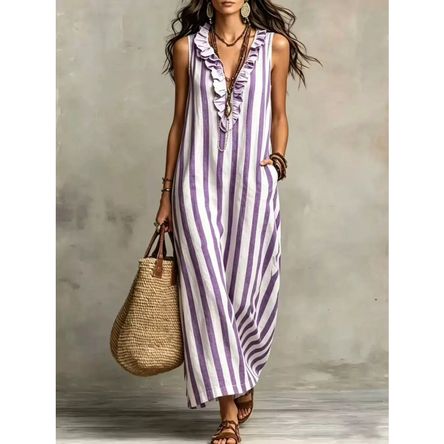 Full Size Sleeveless Striped Ruffle V-Neck Maxi Dress Plus Size Purple / S Apparel and Accessories