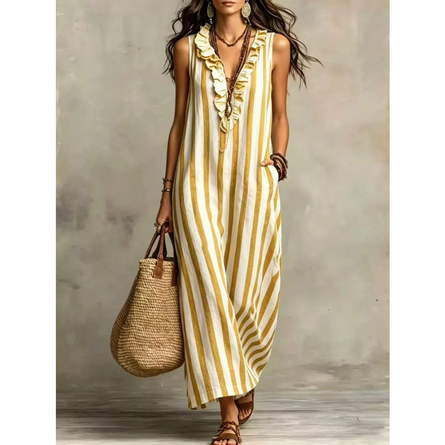 Full Size Sleeveless Striped Ruffle V-Neck Maxi Dress Plus Size Yellow / S Apparel and Accessories