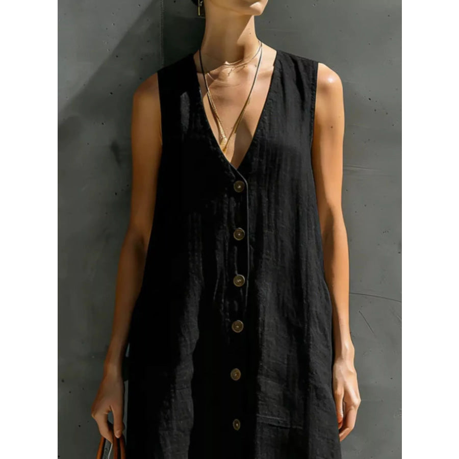 Full Size Sleeveless V-Neck Button-Down Linen Maxi Dress Plus Size Apparel and Accessories