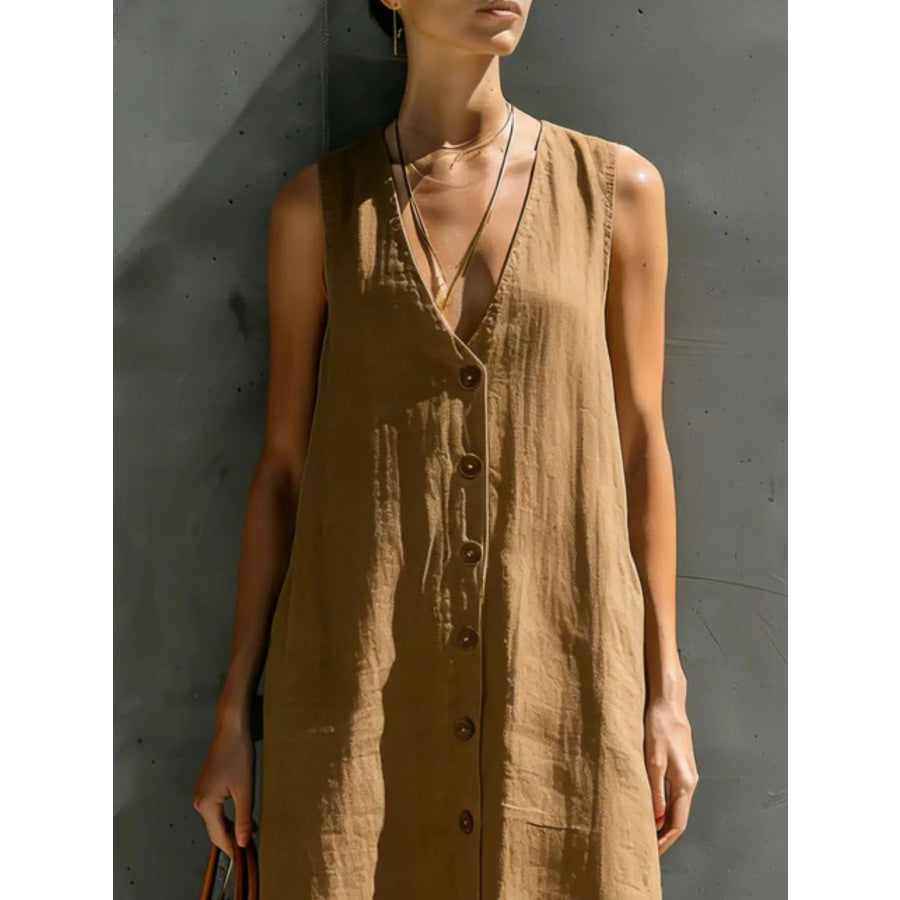 Full Size Sleeveless V-Neck Button-Down Linen Maxi Dress Plus Size Apparel and Accessories