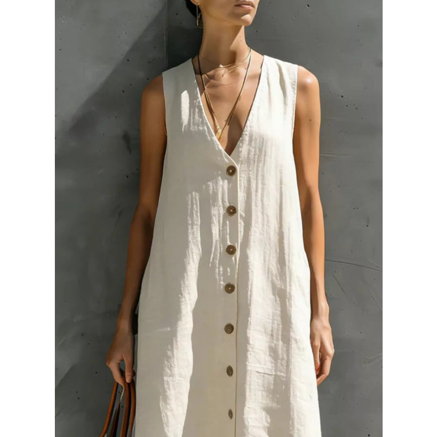 Full Size Sleeveless V-Neck Button-Down Linen Maxi Dress Plus Size Apparel and Accessories