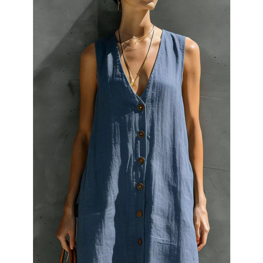Full Size Sleeveless V-Neck Button-Down Linen Maxi Dress Plus Size Apparel and Accessories