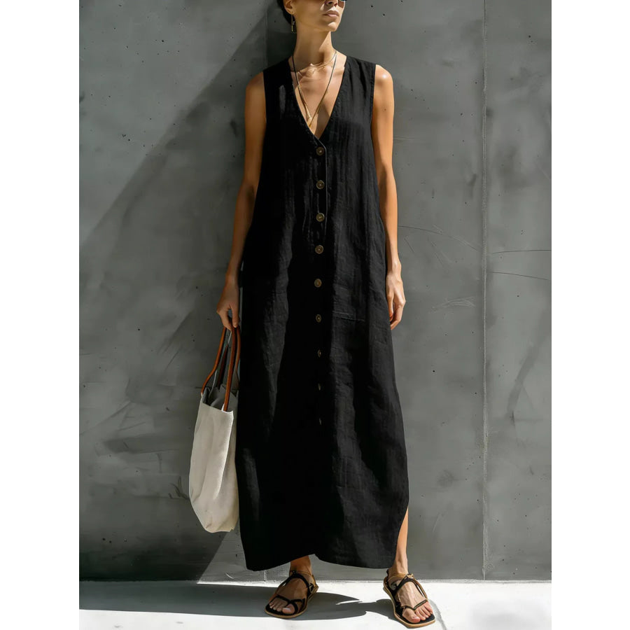 Full Size Sleeveless V-Neck Button-Down Linen Maxi Dress Plus Size Black / S Apparel and Accessories