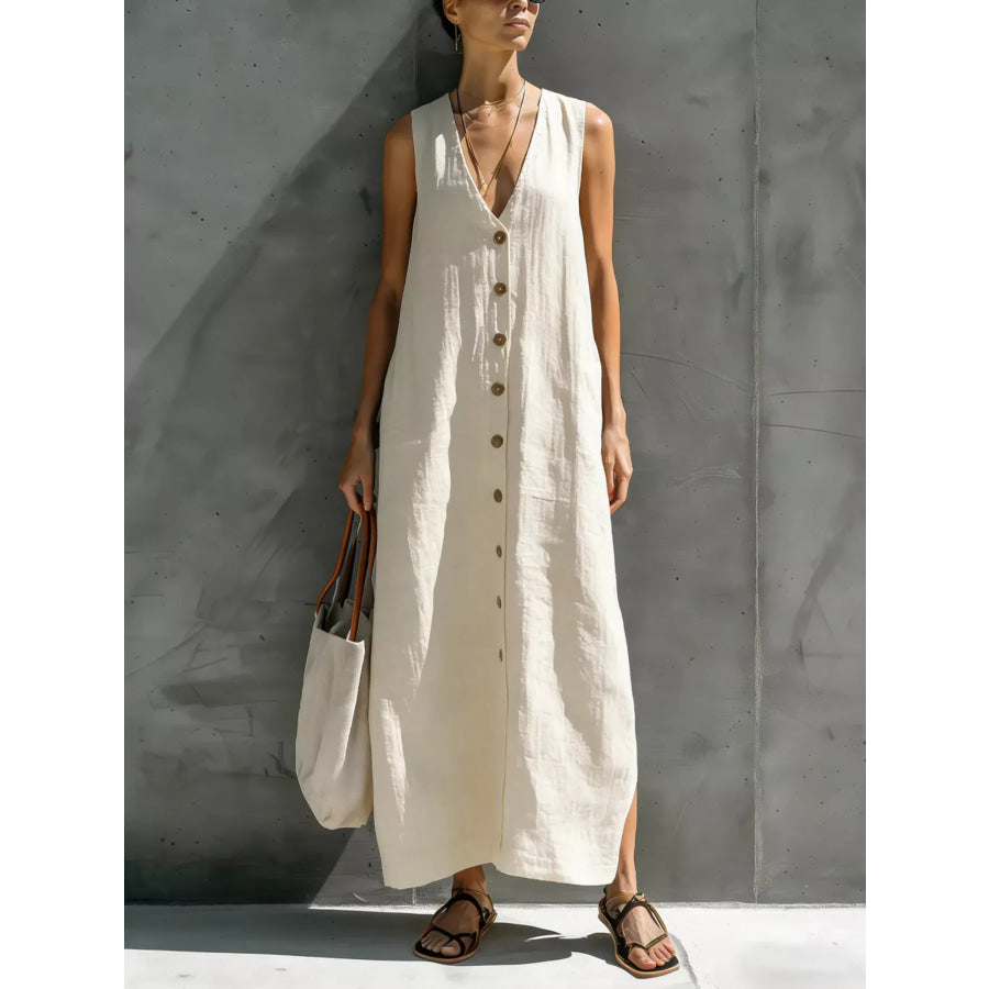Full Size Sleeveless V-Neck Button-Down Linen Maxi Dress Plus Size Ivory White / S Apparel and Accessories