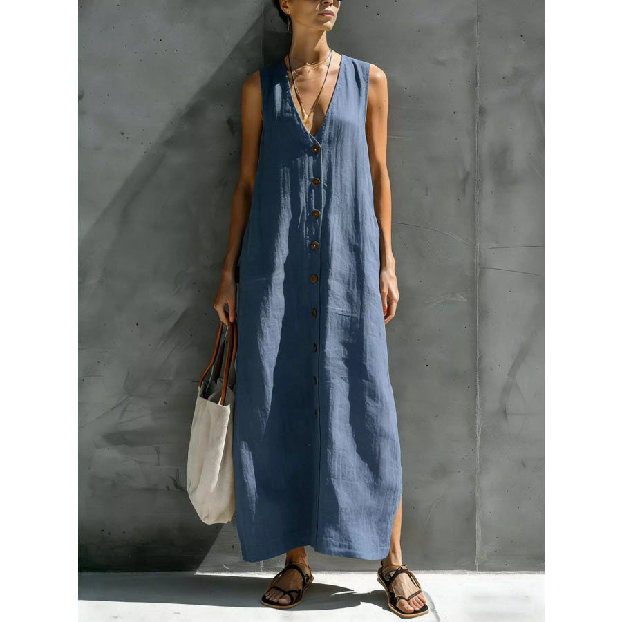 Full Size Sleeveless V-Neck Button-Down Linen Maxi Dress Plus Size Navy Blue / S Apparel and Accessories