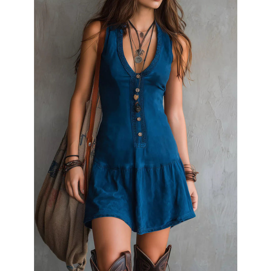Full Size Sleeveless V-Neck Mini Dress Plus Size Blue / S Apparel and Accessories