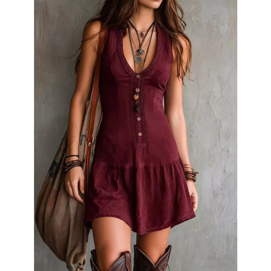 Full Size Sleeveless V-Neck Mini Dress Plus Size Burgundy / S Apparel and Accessories