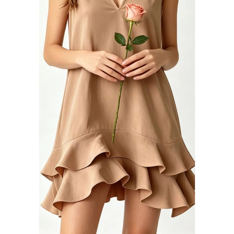 Full Size Sleeveless V-Neck Ruffle Hem Mini Dress Plus Size Taupe / S Apparel and Accessories